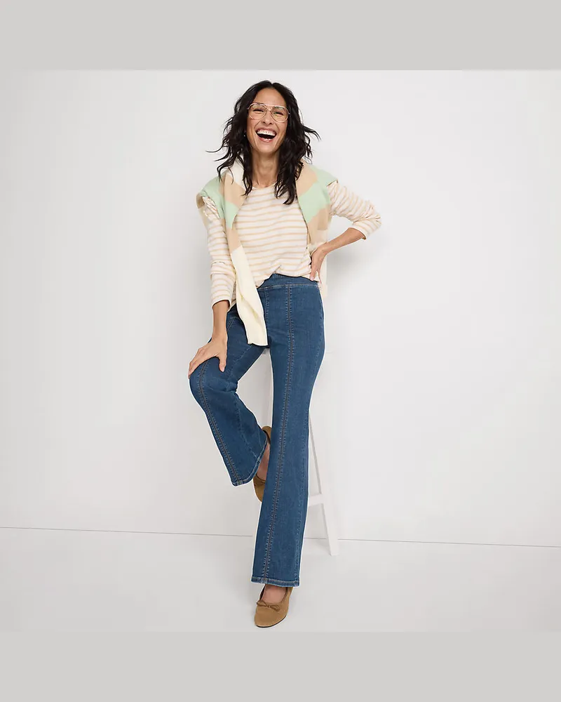 Lands' End Travel-Schlagjeans High Waist, Damen, Größe regular, Blau, Elasthan/Baumwoll-Mischung/Viskose-Mischung, by Blau