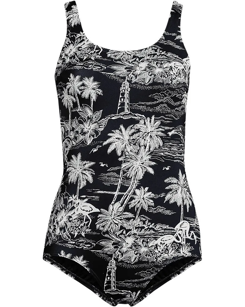 Lands' End Gemusterter Komfort-Badeanzug CHLORRESISTENT mit Soft Cups, Damen, Größe:34 regular, Schwarz, Nylon-Mischung, by Schwarz