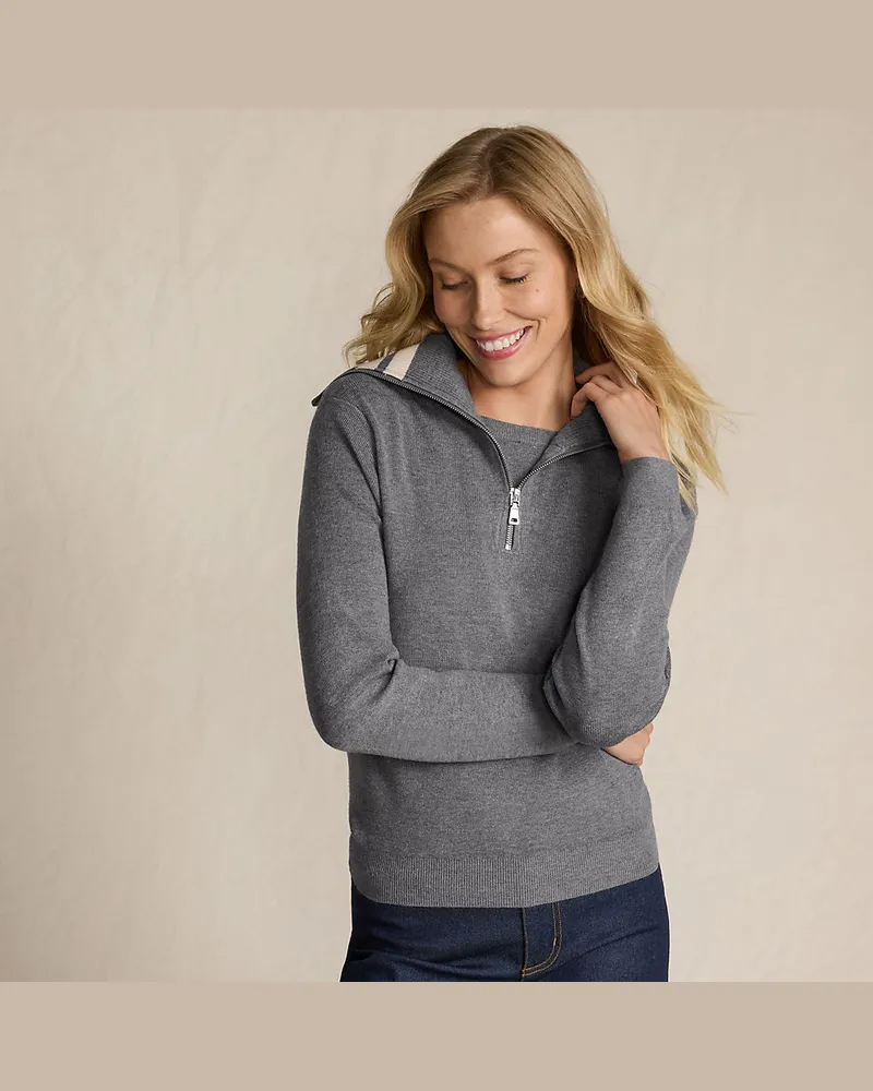 Lands' End Feinstrick-Pullover mit Reißverschluss, Damen, Größe regular, Grau, Polyester/Viskose/Polyester-Mischung, by Grau