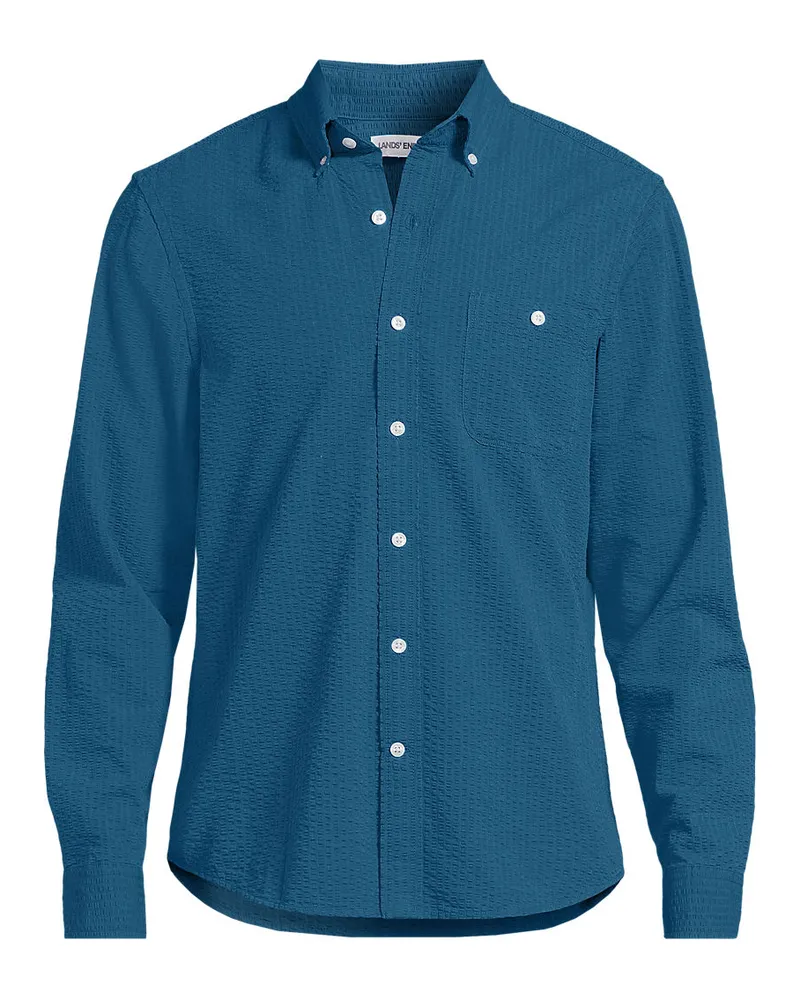 Lands' End Seersucker-Hemd mit langen Ärmeln, Herren, Größe regular, Blau, Baumwolle, by Blau