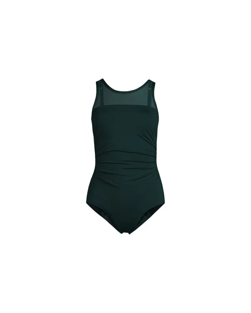 Lands' End Badeanzug mit Netz-Detail, hoher Halsausschnitt, Damen, Größe regular, Grün, Elasthan/Nylon-Mischung, by Grün