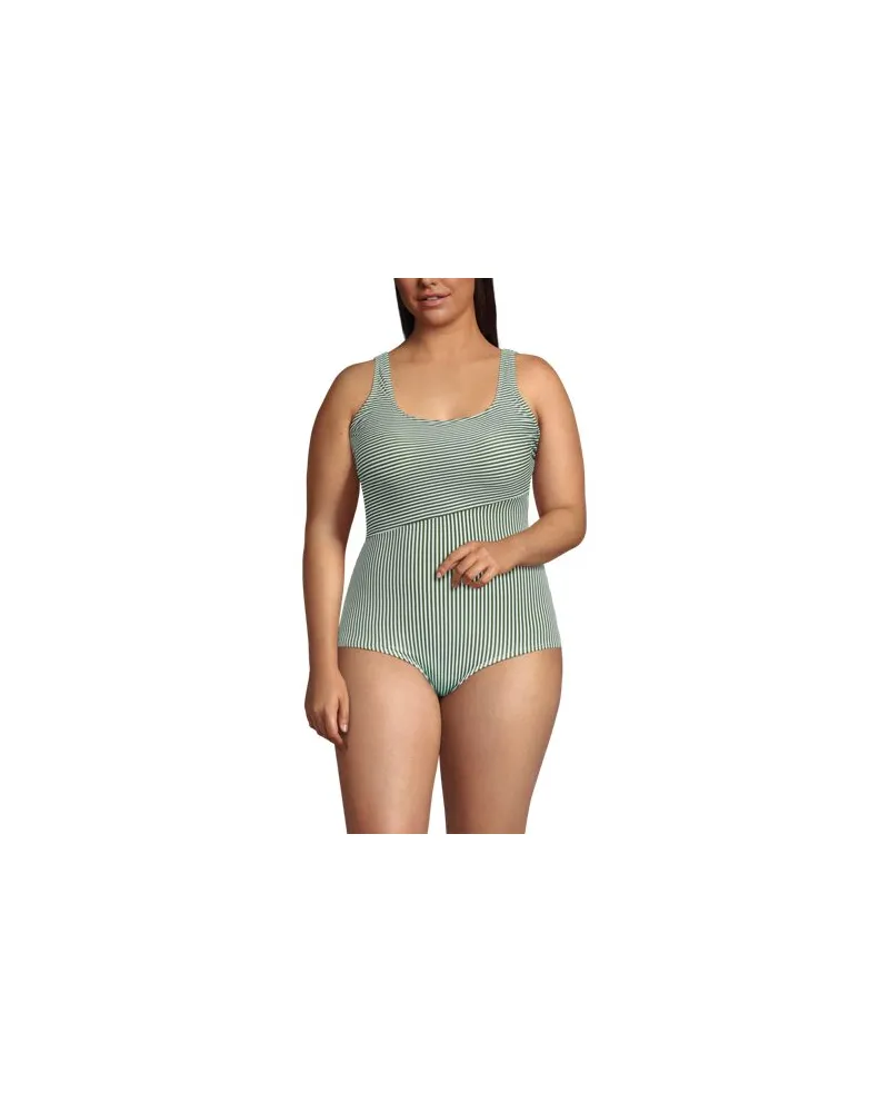 Lands' End Komfort-Badeanzug CHLORRESISTENT mit Soft Cups und Colorblock-Streifen, Damen, Größe plus, Grün, Nylon-Mischung, by Grün