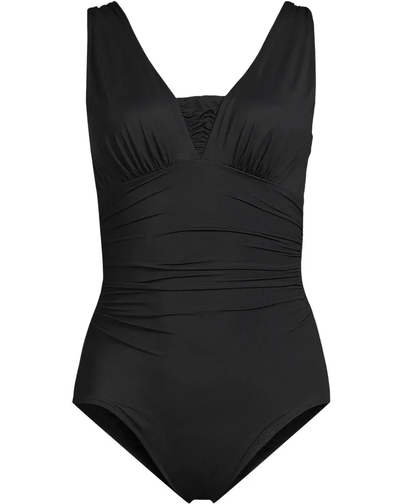 Lands' End Shape-Badeanzug mit V-Ausschnitt und verstellbaren Trägern SLENDER, Damen, Größe regular, Schwarz, Nylon-Mischung, by Schwarz