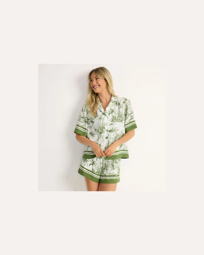 Lands' End Gemusterte Kurzarm-Hemdbluse, Damen, Größe regular, Weiß, Kunstseide/Viskose, by Weiß