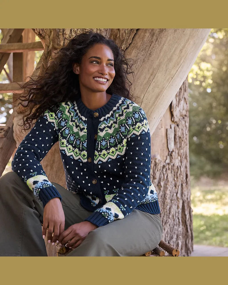 Lands' End Fair Isle Cardigan aus Baumwollmix, Damen, Größe regular, Blau, Polyacryl/Schurwolle/Baumwoll-Mischung, by Blau