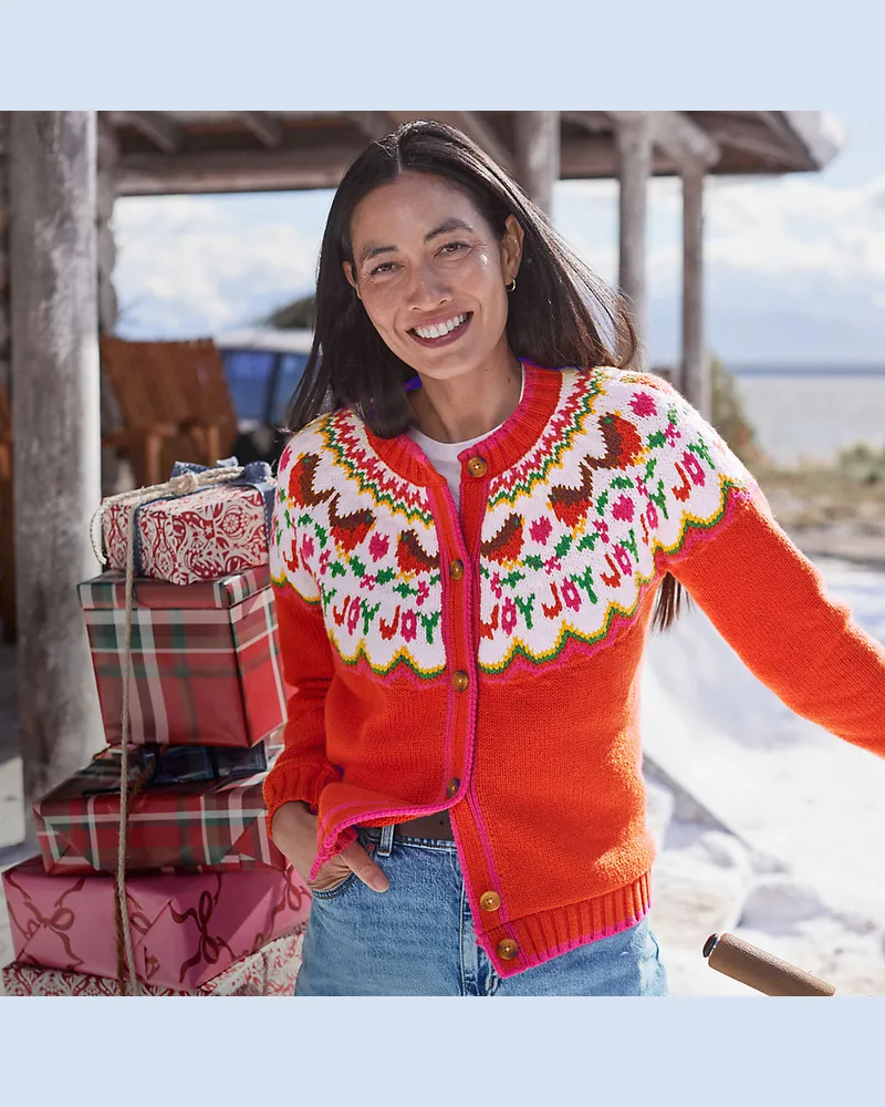 Lands' End Softer Fair Isle Weihnachts-Cardigan aus Baumwollmix, Damen, Größe regular, Rot, Polyacryl/Schurwolle/Baumwoll-Mischung, by Rot