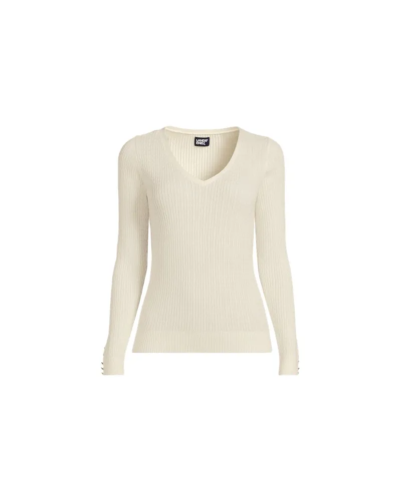 Lands' End Feinstrick-Zopfmusterpullover mit V-Ausschnitt, Damen, Größe plus, Weiß, Baumwolle, by Weiß
