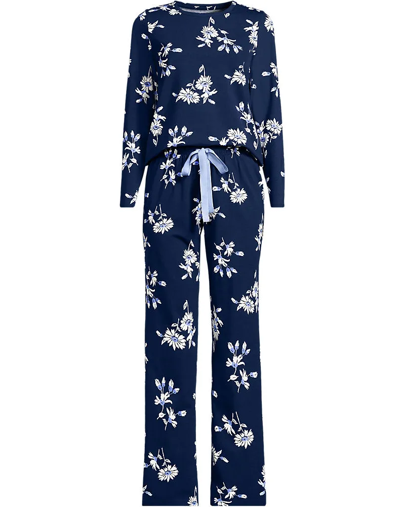 Lands' End Gemustertes Pyjama-Set aus Baumwoll-Jersey, Damen, Größe regular, Blau, Elasthan/Baumwoll-Mischung, by Blau