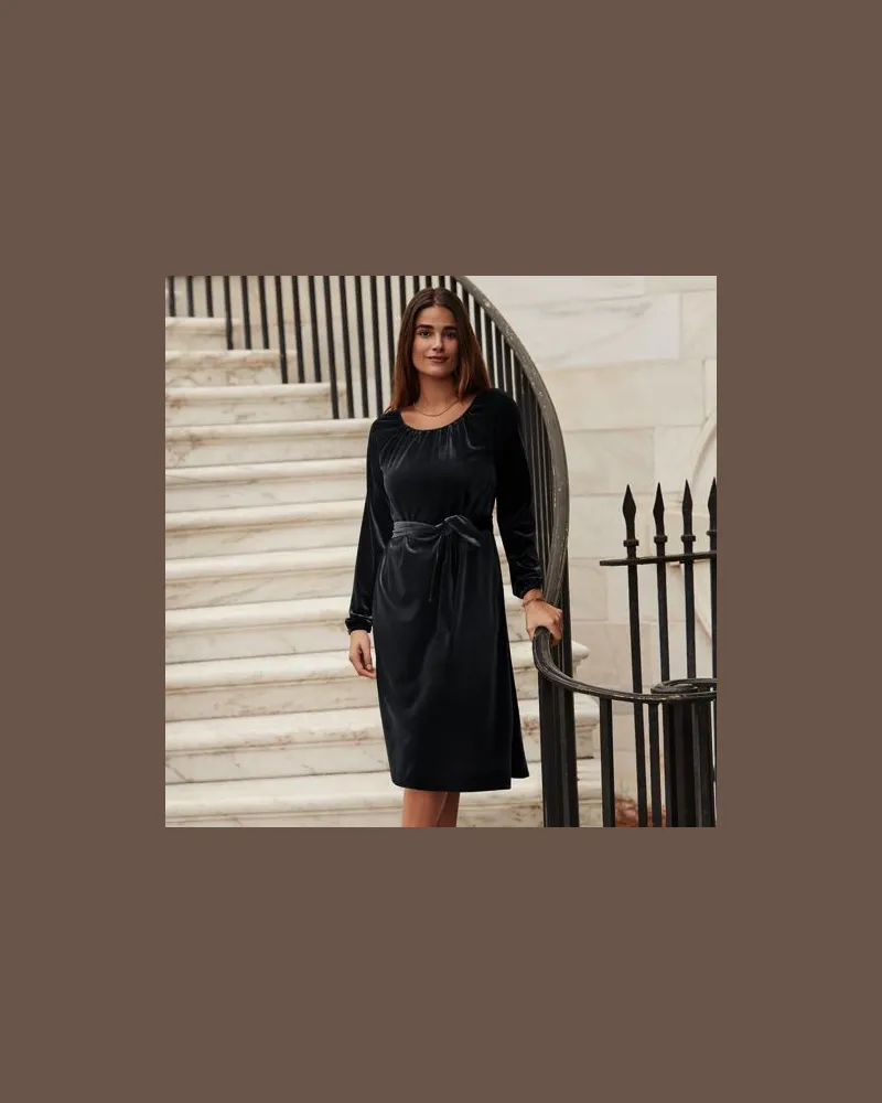 Lands' End Samtkleid mit Bindegürtel, Damen, Größe regular, Schwarz, Polyester-Mischung, by Schwarz