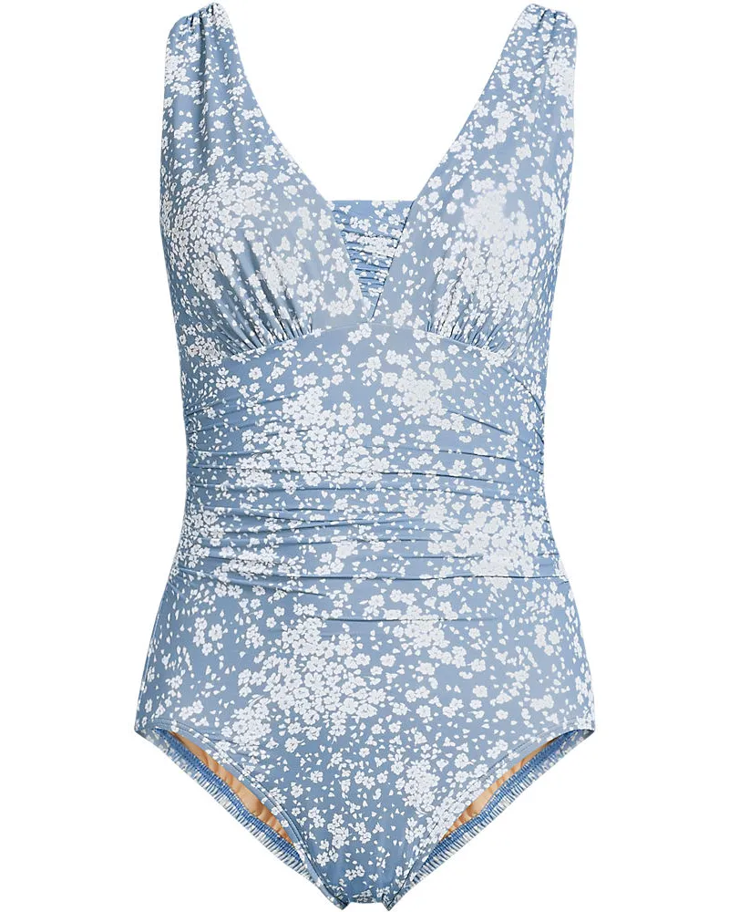 Lands' End Gemusterter Shape-Badeanzug mit V-Ausschnitt SLENDER, Damen, Größe plus, Blau, Elasthan/Nylon-Mischung, by Blau