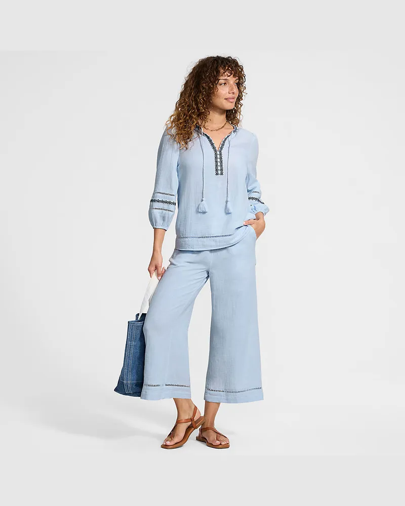 Lands' End Musselin-Schlupfbluse mit 3/4-Ärmeln, Damen, Größe petite, Blau, Baumwolle, by Blau