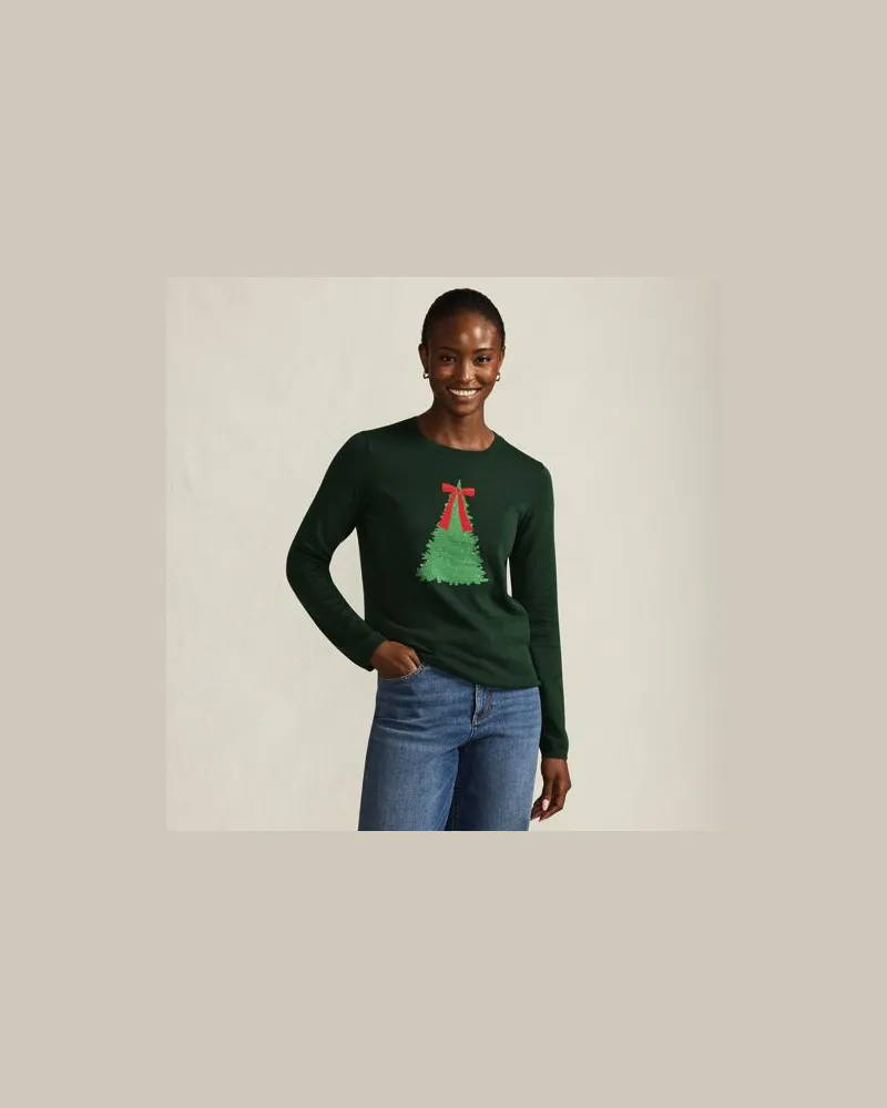 Lands' End Feinstrick-Weihnachtspullover Schleife, Damen, Größe regular, Grün, Baumwolle/Polyester/Metall, by Grün