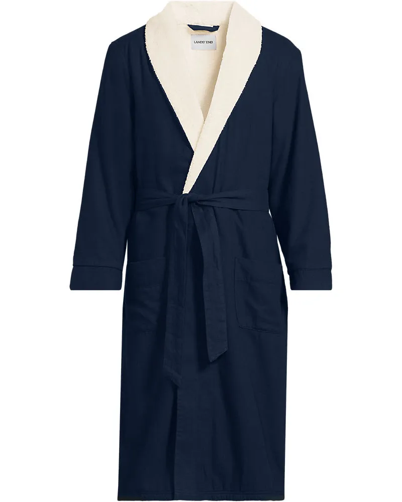 Lands' End Flanell-Bademantel mit Teddyfutter, Herren, Größe regular, Blau, Baumwolle, by Blau
