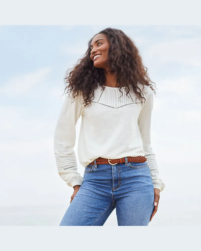 Lands' End Flammgarn-Shirt mit Biesen-Verzierung, Damen, Größe regular, Weiß, Baumwolle, by Weiß