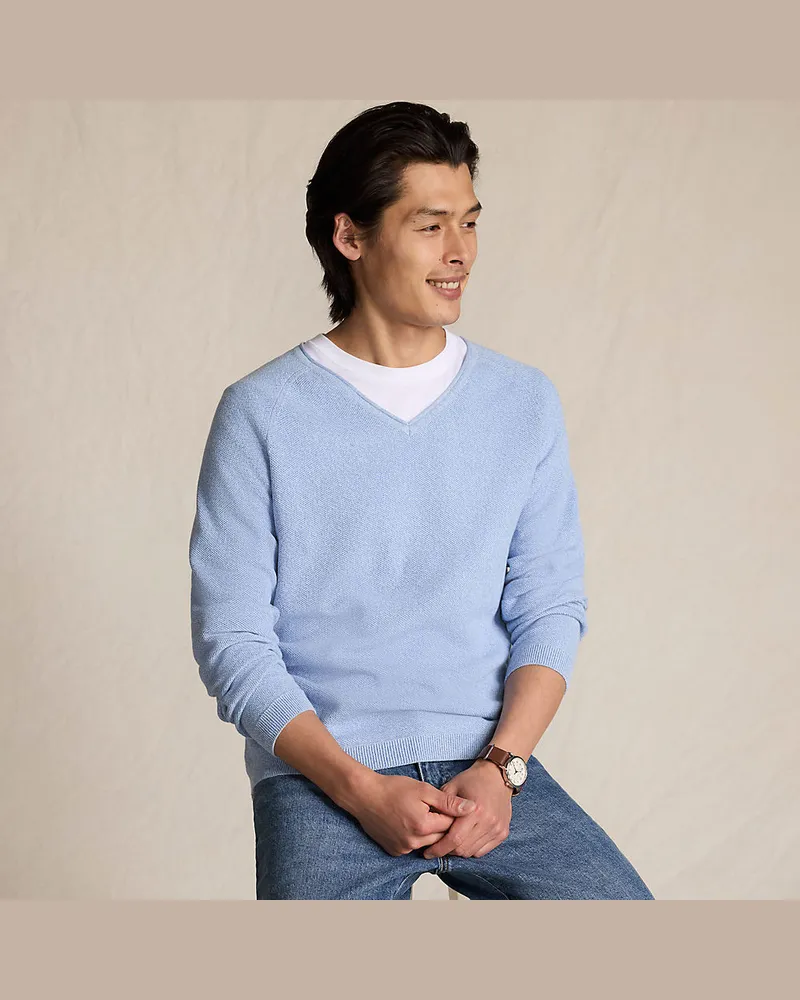 Lands' End Baumwoll-Pullover mit Struktur und V-Ausschnitt, Herren, Größe regular, Blau, by Blau