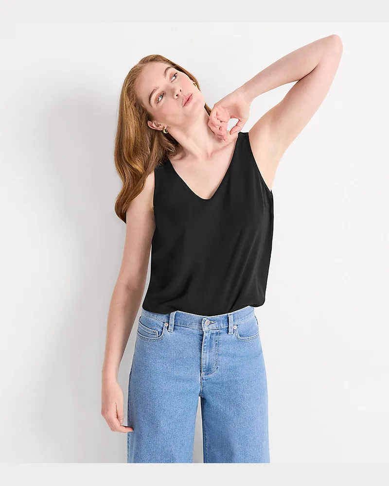 Lands' End Creaseless Top mit V-Ausschnitt, Damen, Größe regular, Schwarz, Polyester, by Schwarz