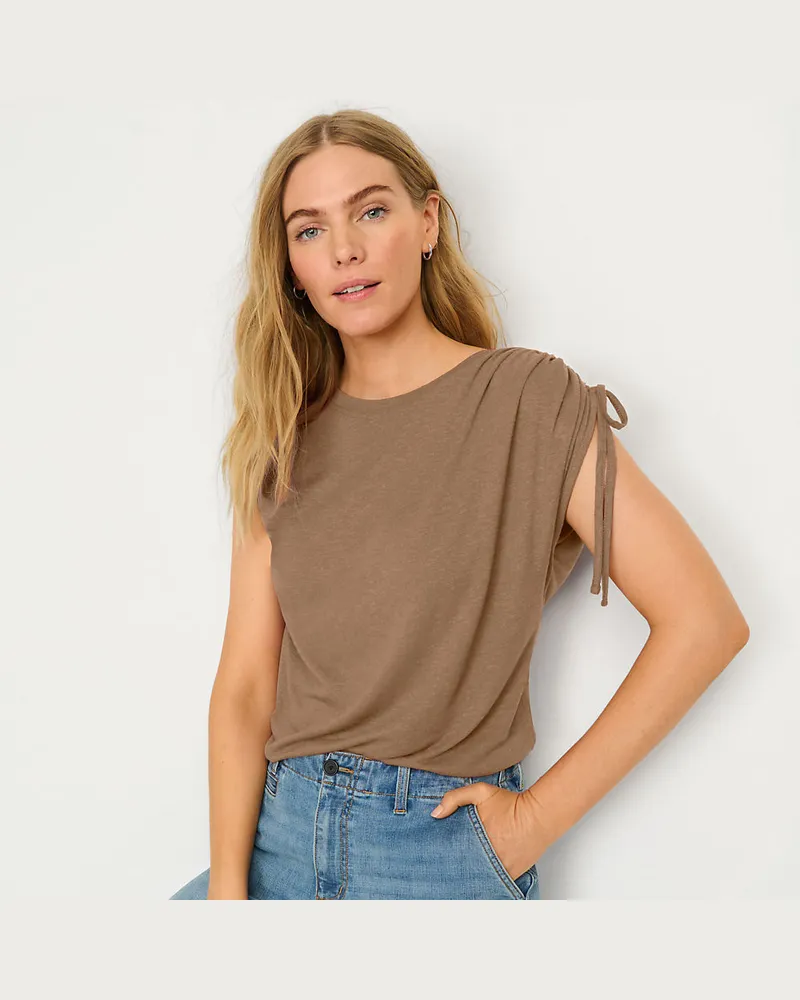 Lands' End Leinenmix-Shirt mit geraffter Schulter, Damen, Größe petite, Braun, Leinen/Viskose, by Braun
