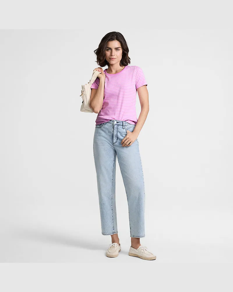 Lands' End Feinripp-Shirt mit Rundhalsausschnitt und kurzen Ärmeln, Damen, Größe regular, Pink, Baumwolle/Elasthan, by Pink