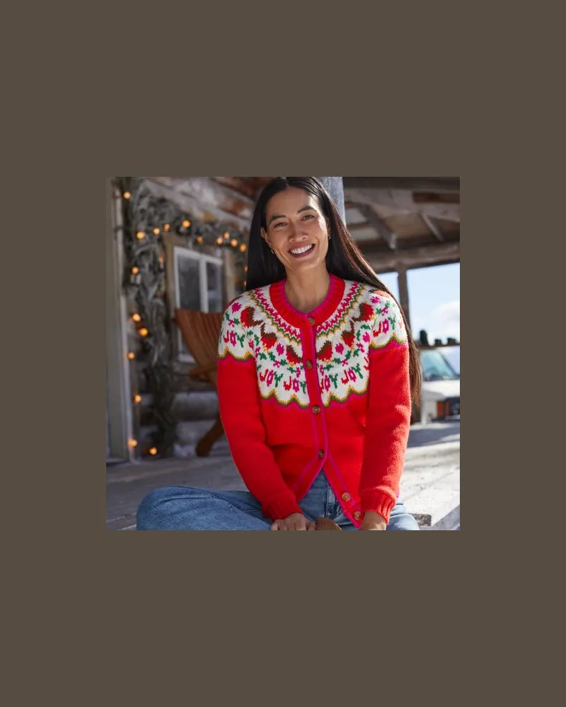 Lands' End Softer Fair Isle Weihnachts-Cardigan aus Baumwollmix, Damen, Größe regular, Rot, Polyacryl/Schurwolle/Baumwoll-Mischung, by Rot