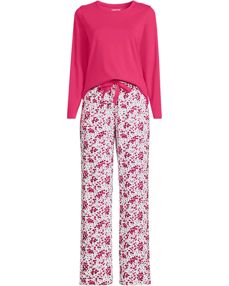 Lands' End Gemustertes Pyjama-Set aus Baumwoll-Jersey, Damen, Größe regular, Pink, Elasthan/Baumwoll-Mischung, by Pink
