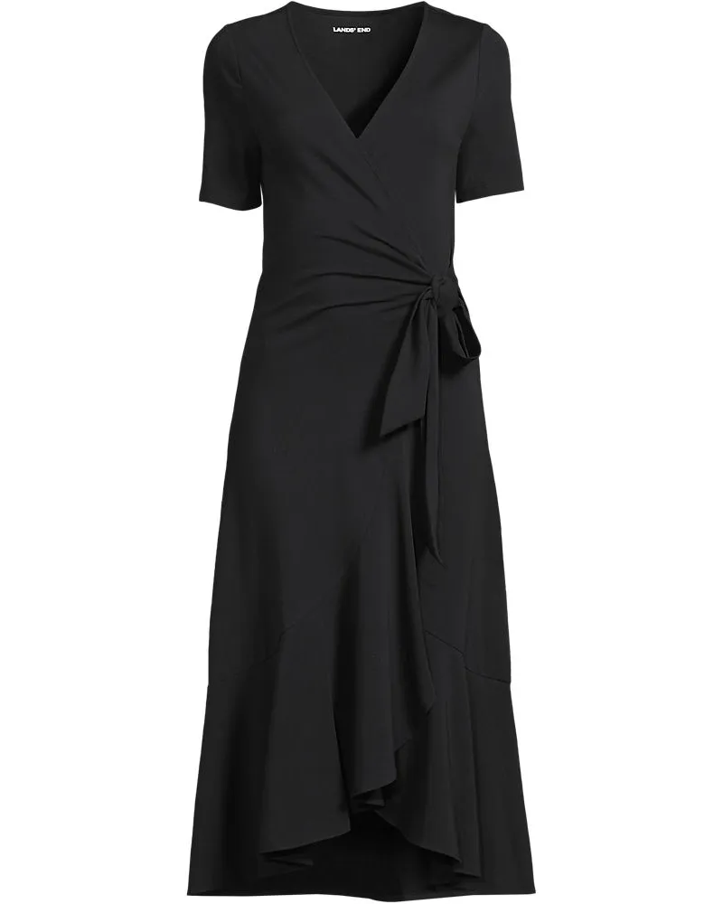 Lands' End Wickelkleid aus Baumwoll/Modalmix mit kurzen Ärmeln, Damen, Größe regular, Schwarz, Elasthan/Baumwoll-Mischung/Synthetic-blend, by Schwarz