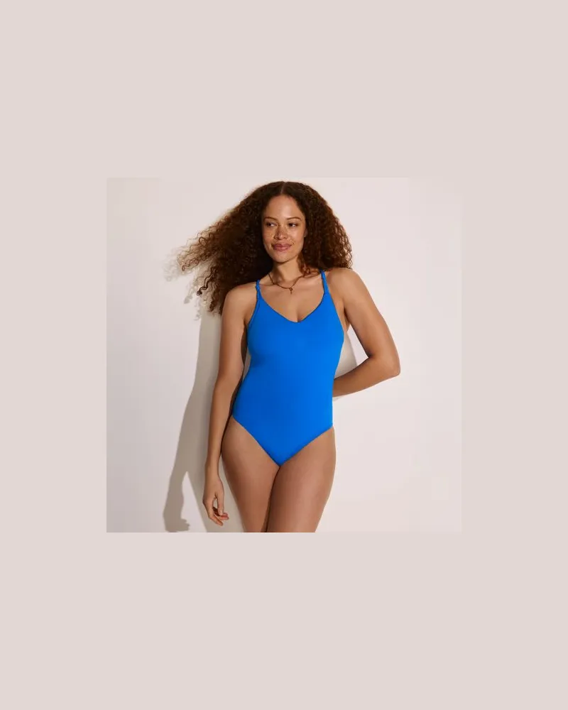 Lands' End Komfort-Badeanzug mit V-Ausschnitt und gekreuzten Trägern, Damen, Größe plus, Blau, Elasthan/Polyester-Mischung/Nylon-Mischung, by Blau