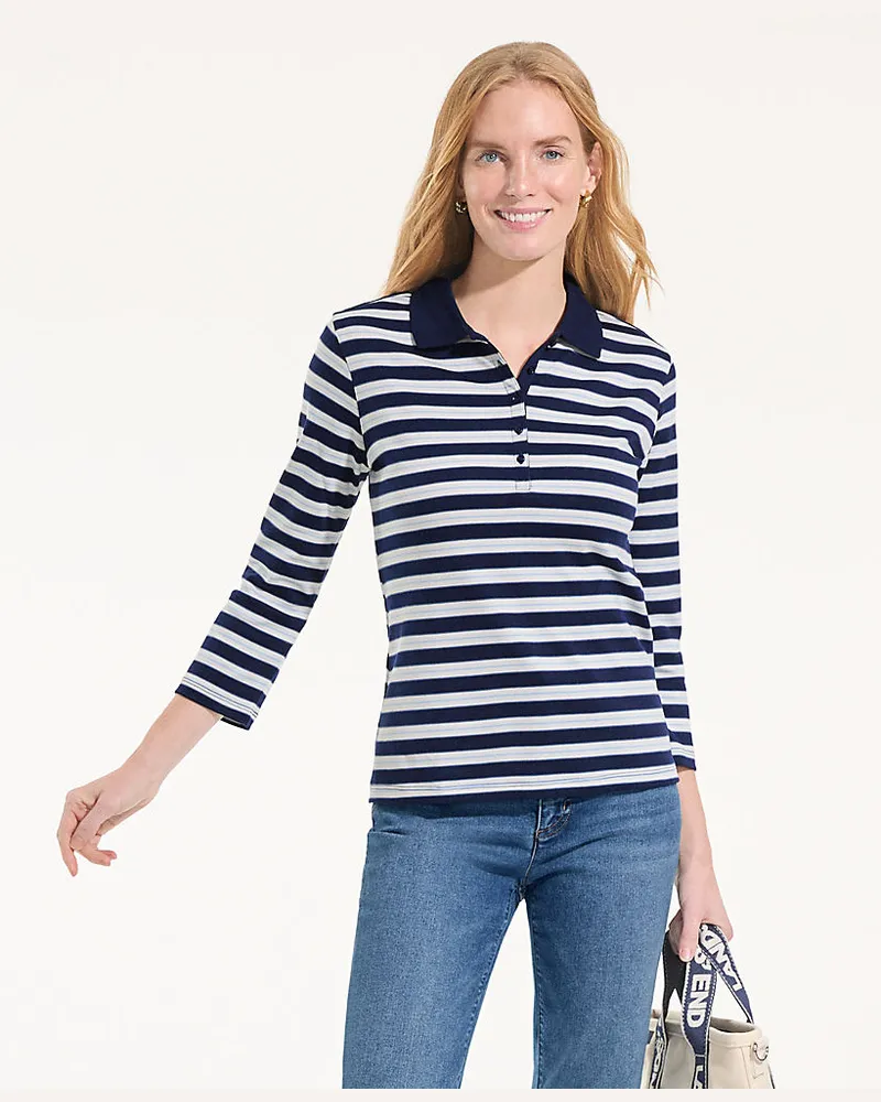 Lands' End Supima-Poloshirt mit 3/4-Ärmeln, Damen, Größe regular, Blau, Baumwolle, by Blau