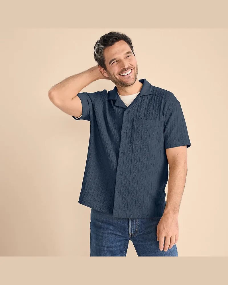 Lands' End Struktur-Jerseyshirt, Herren, Größe regular, Blau, Elasthan/Baumwoll-Mischung/Polyester-Mischung, by Blau
