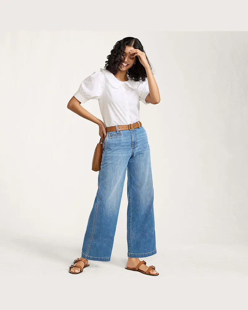Lands' End Knöchellange Mid Waist Jeans mit weitem Bein, Damen, Größe regular, Blau, Baumwolle/Elasthan/Polyester, by Blau