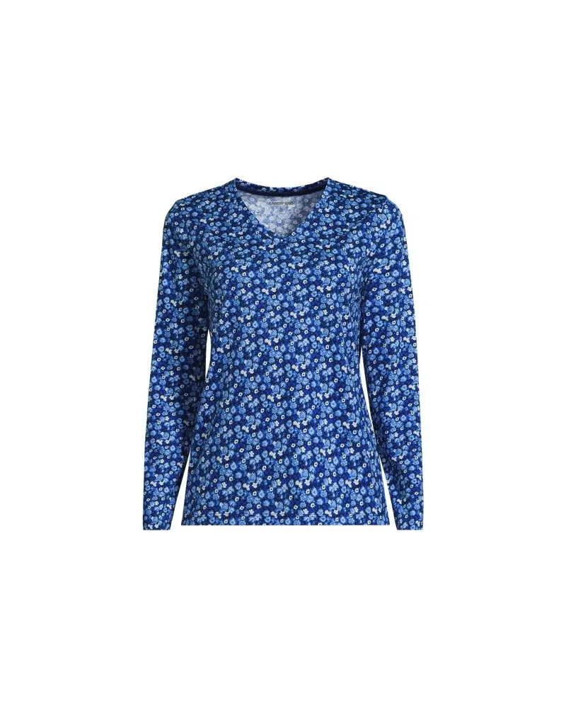 Lands' End Supima® Langarm-Shirt mit V-Ausschnitt, Damen, Größe:32-34 petite, Blau, Baumwolle, by Blau
