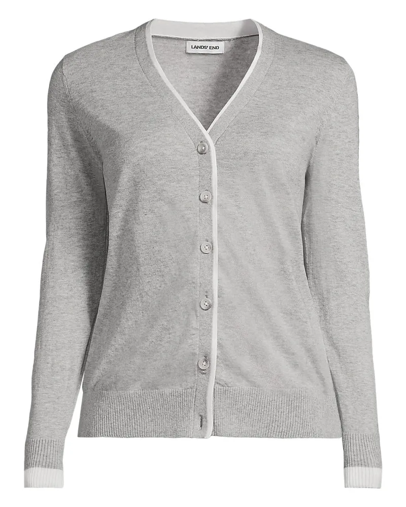 Lands' End Feinstrick-Baumwollcardigan mit unterlegtem Ausschnitt, Damen, Größe regular, Grau, Baumwolle, by Grau