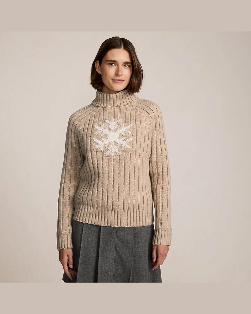Lands' End Jacquard-Pullover aus Baumwollmix mit Schneeflocke, Damen, Größe regular, Beige, Polyacryl/Baumwoll-Mischung/Nylon-Mischung, by Beige