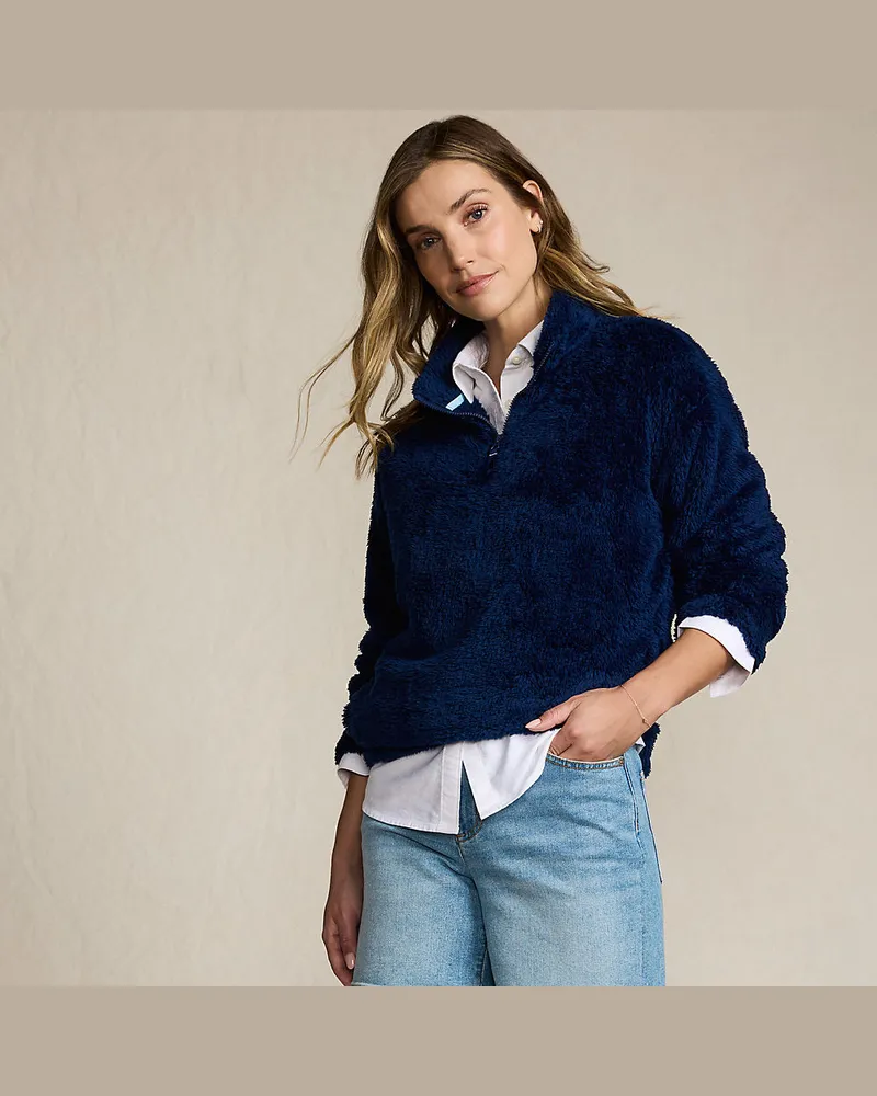 Lands' End Plüschfleece-Pullover mit Reißverschluss, Damen, Größe petite, Blau, Polyester, by Blau