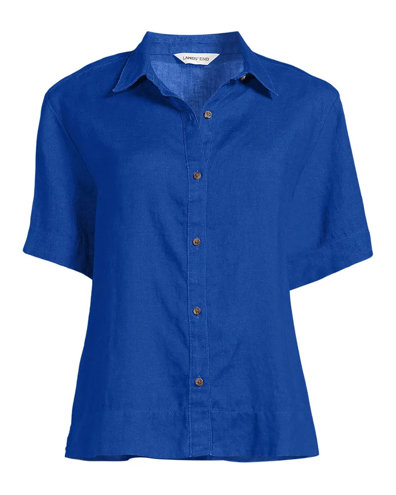 Lands' End Premium Reinleinen-Hemd mit kurzen Ärmeln, Damen, Größe petite, Blau, Leinen, by Blau