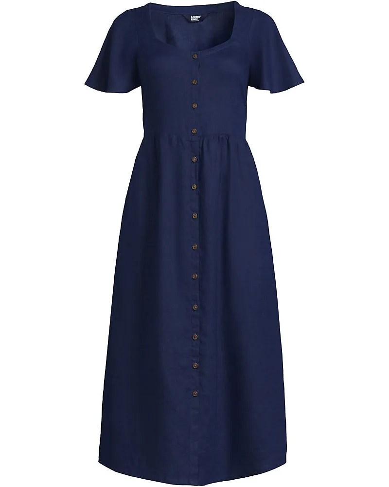 Lands' End Leinen-Midikleid, Damen, Größe petite, Blau, Leinen, by Blau