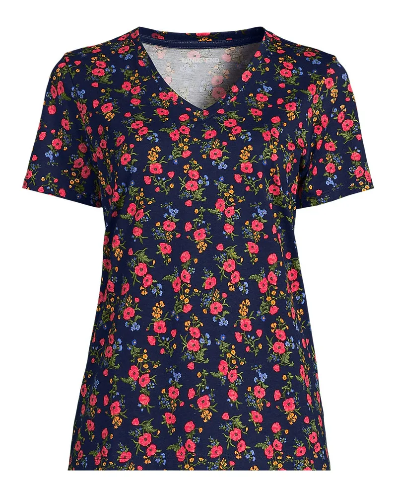 Lands' End Supima Kurzarm-Shirt mit V-Ausschnitt, Damen, Größe petite, Blau, Baumwolle, by Blau
