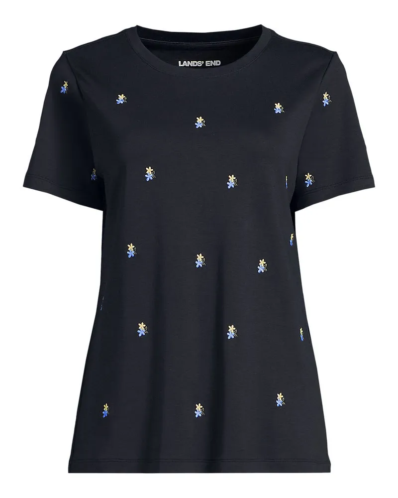 Lands' End Besticktes Supima Rundhalsshirt, Damen, GrÃ¶ÃŸe regular, Schwarz, Baumwolle, by Schwarz
