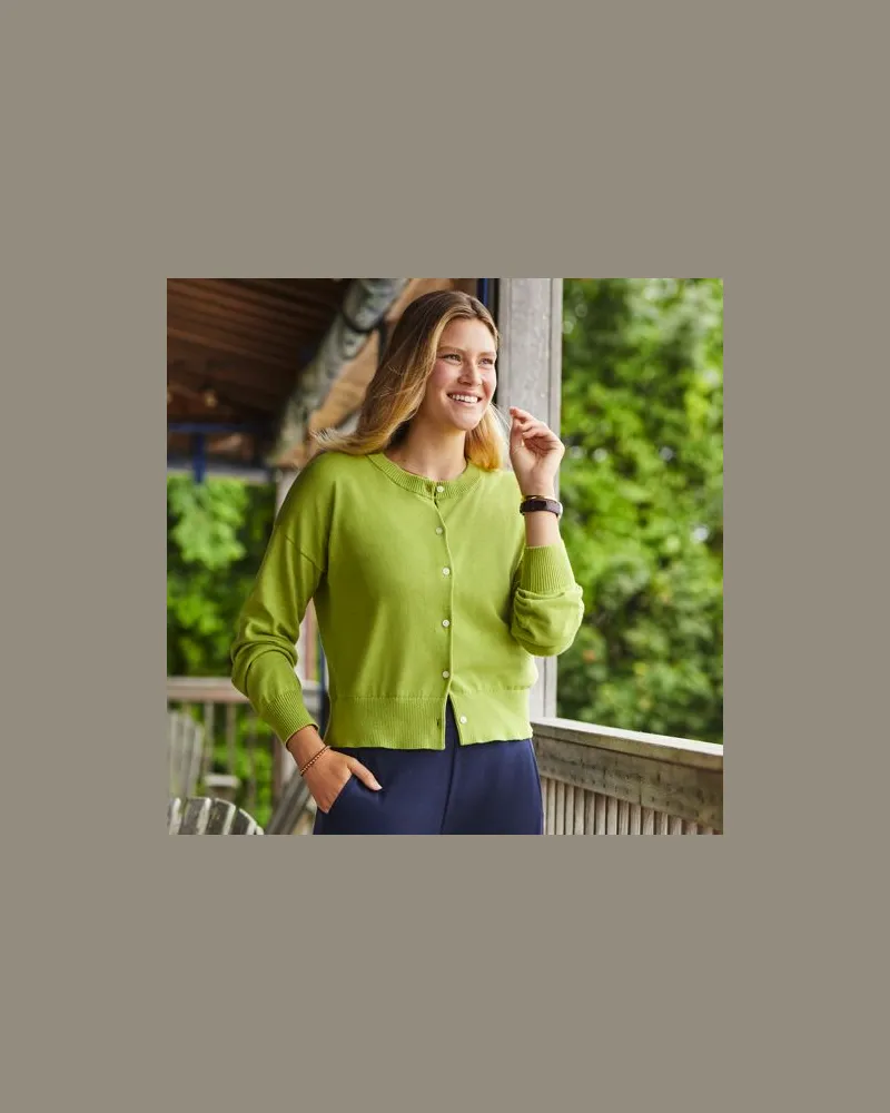 Lands' End Kurzer Feinstrick-Cardigan aus Baumwolle, Damen, Größe regular, Grün, Baumwolle, by Grün