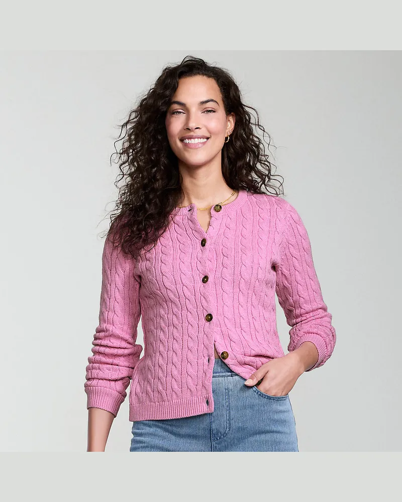 Lands' End Drifter Zopfmuster-Cardigan mit Rundausschnitt, Damen, Größe regular, Pink, Baumwolle, by Pink