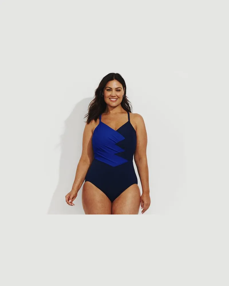 Lands' End Shape-Badeanzug SLENDER mit Webdetail, Damen, Größe plus, Blau, Elasthan/Nylon-Mischung, by Blau