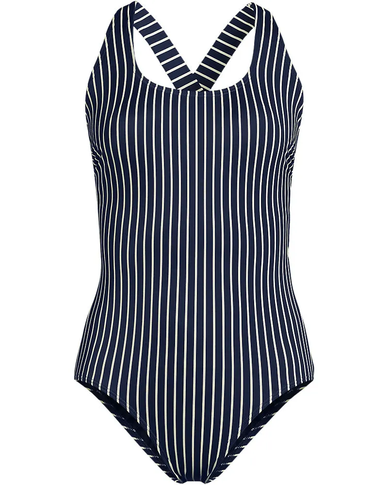 Lands' End Komfort-Badeanzug mit gekreuzten Trägern, hohes Bein, Damen, Größe regular, Blau, Nylon-Mischung, by Blau