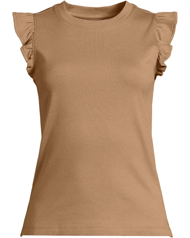 Lands' End Baumwollripp-Top mit Volants, Damen, Größe regular, Beige, Baumwolle/Elasthan, by Beige