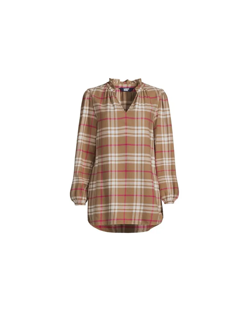 Lands' End Hemdbluse aus Flanell mit Rüschenkragen, Damen, Größe:32-34 petite, Beige, Viskose/Baumwoll-Mischung/Viskose-Mischung, by Beige