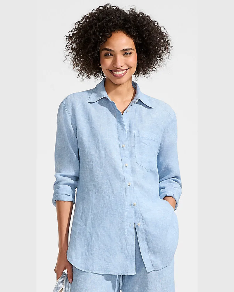 Lands' End Langes Oversized Premium Reinleinen-Hemd, Damen, Größe petite, Blau, Leinen, by Blau