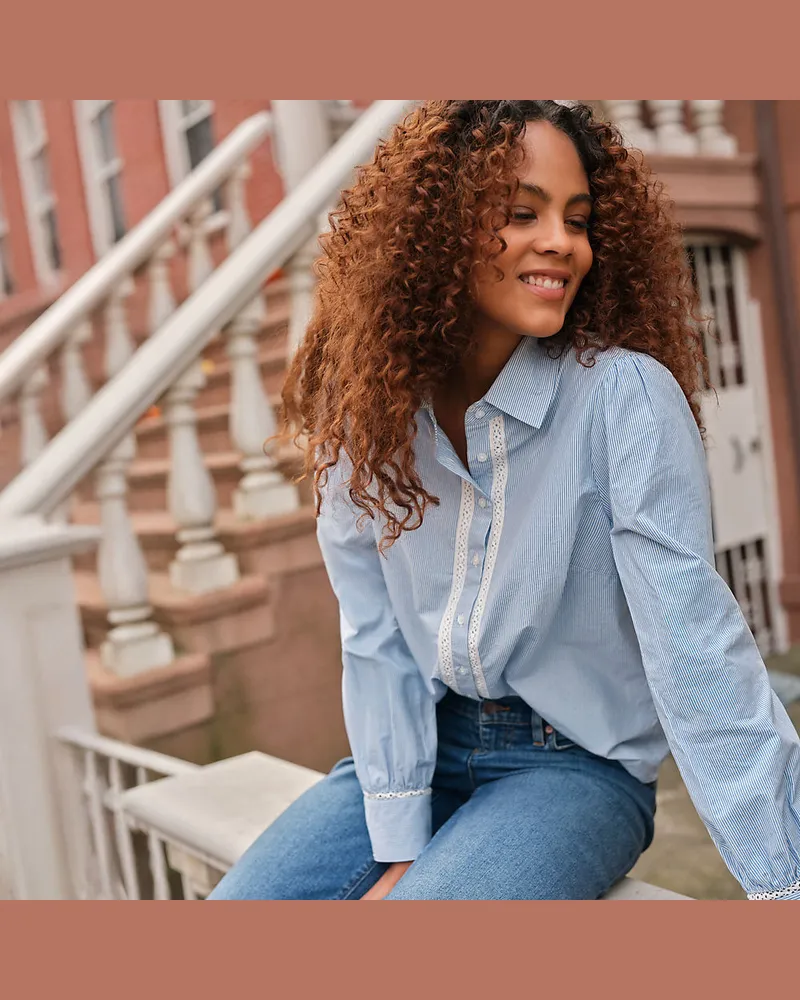 Lands' End Bluse mit Häkelborte aus Baumwolle, Damen, Größe regular, Blau, Baumwolle, by Blau