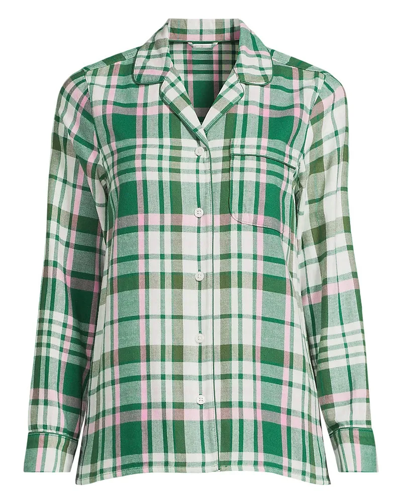 Lands' End Gemustertes Pyjamahemd aus reinem Baumwoll-Flanell, Damen, Größe plus, Grün, Baumwolle, by Grün