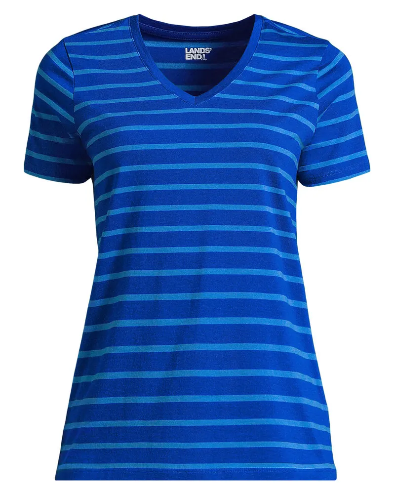 Lands' End Supima Kurzarm-Shirt mit V-Ausschnitt, Damen, Größe petite, Blau, Baumwolle, by Blau