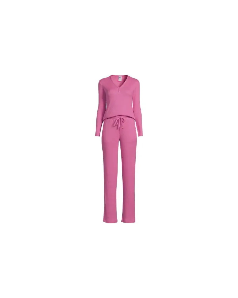 Lands' End Gemütliches Pyjama-Set mit V-Ausschnitt, Damen, Größe:44-46 regular, Pink, Elasthan/Polyester-Mischung, by Pink