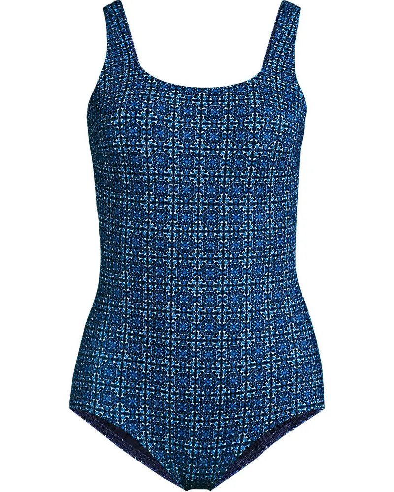 Lands' End Gemusterter Komfort-Badeanzug CHLORRESISTENT mit Soft Cups, Damen, Größe plus, Blau, Nylon-Mischung, by Blau