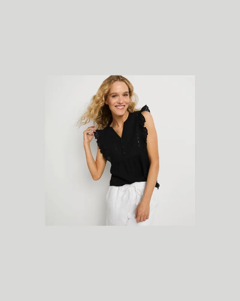 Lands' End Lochstickerei-Top, Damen, Größe:40-42 regular, Schwarz, Baumwolle, by Schwarz